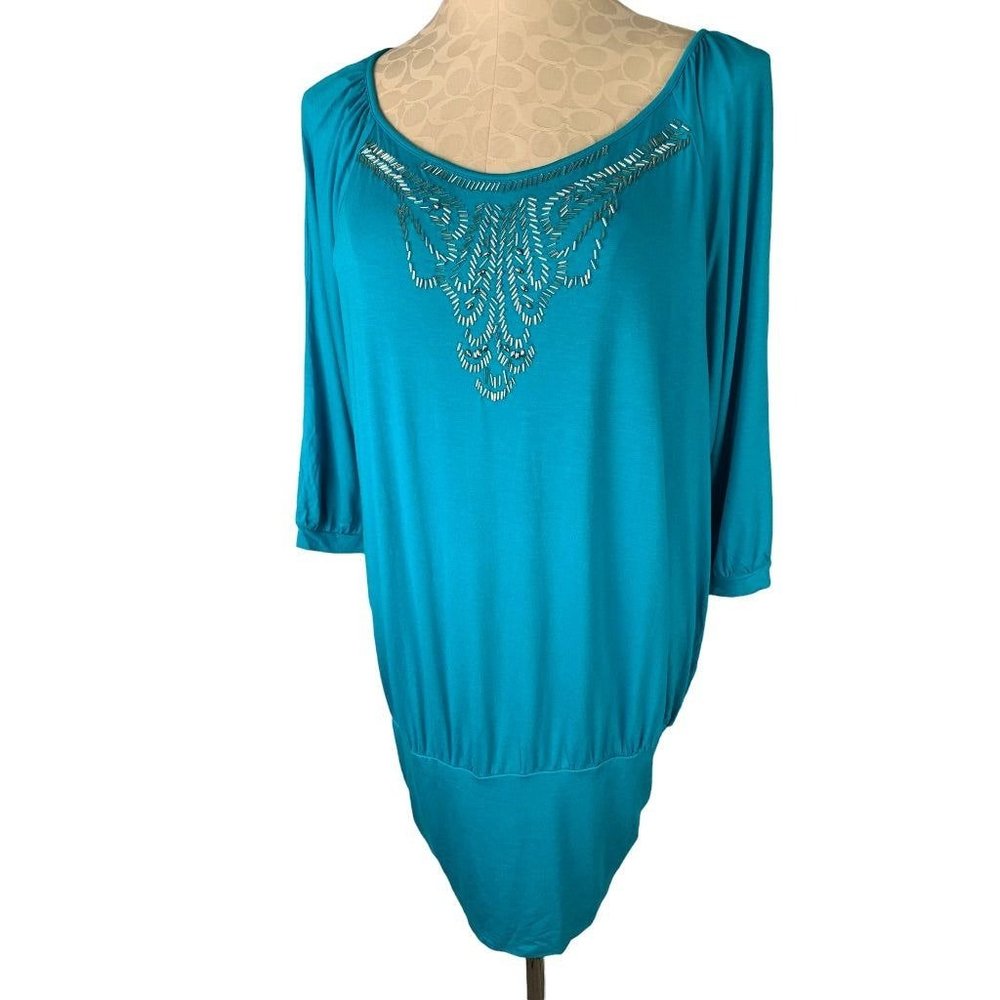 18/20 Lane Bryant Teal Beaded‎ Neckline Soft 3/4 Sleeve Blouson Jersey Knit Top